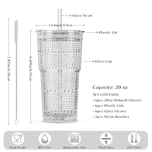 Image of INSETLAN 20oz Hobnail Glass Cups with Lids and Glass Straws - 6 Pieces, Thick-Walled Glass Tumblers for Iced Coffee, Smoothies, Milk, Water, Juice, and More - Elegant and Durable Drinking Glasses