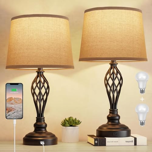 Table Lamps for Bedrooms, 2Pack Bedside Touch Lamp with Dual USB Charging Ports, Vintage 3 Way Dimmable Nightstand Lamps with Fabric Lampshade for Bedroom, Living Room (Black)