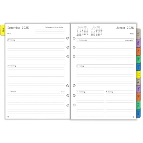 2026 Wochenplaner Einlage A5 6 Löcher auf Deutsch 1 Woche 2 Seiten mit Monatsübersicht Passwort Notizen Kontakt von Jan.26 bis Dez.26 100 GSM Nachfüllpapier für Kalender 2026 Planer Organizer