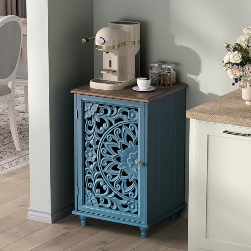 Image of JOINICE Small Accent Cabinet with Hand-Carved Door for Living Room /Bedroom | Hand-Carved Floral Design, Farmhouse /Rustic Style, Space-Saving, Sofa Table, Solid Wood Legs, Adjustable Shelf, Easy Assembly