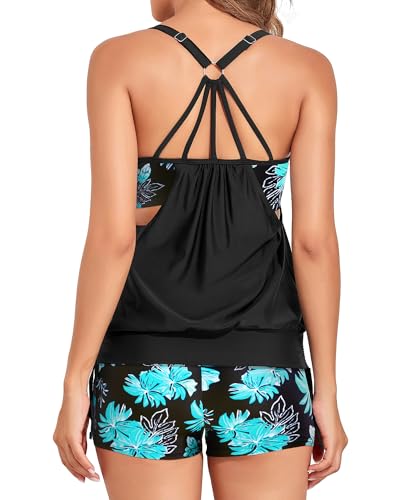 Holipick D210602-GBF-L Black And Blue Flower Tankini Swimsuits For Women Two Piece Tummy Control Bathing Suits Blouson Tankini Top thumb #1