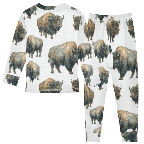 Pajama Sets Long Sleeve Bison Pattern Print on White Soft Comfy Sleepwear 2 Piece PJS 3-8T3