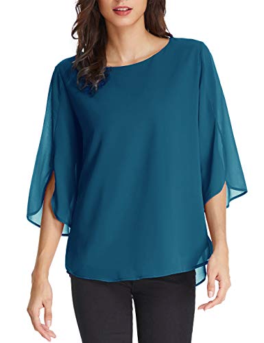 Women s Casual Chiffon Blouse Tops Half Ruffle Sleeve Blue-Green