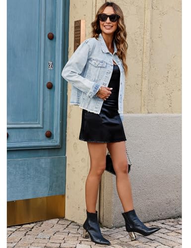 Image of luvamia Denim Jacket for Women Distressed Jean Jackets Button Up Vintage Western Trucker Jacket Frayed Hem Pockets