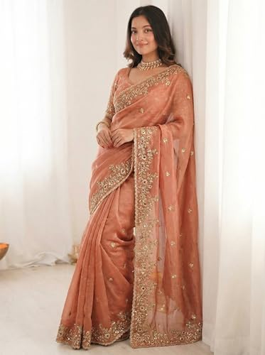 Image of ORHANS Women's Tissue Silk Ethnic Motifs Embroidered Tissue Heavy Work Saree with Embroidered With Unstitched Blouse Piece Blouse Piece | Beautiful Saree for Women | Traditional Indian Sari