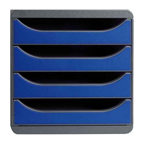 Image of Exacompta - Ref 310703D - BIG-BOX Desktop Drawer Set - 4 x 55mm Drawers, Suitable for A4+ Documents, 347 x 278 x 267mm, 100% Recycled Plastic - Black/Royal Blue