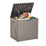 MAIUSCOLI 32 Gallon Outdoor Deck Box,Storage Lockable Waterproof Patio Furniture,Garden Tools,Cushions,Pool Accessories Outside Storage Resin Box(Grey)