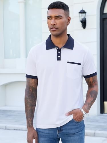 Image of Men's Casual Polo Shirts Summer Short Sleeve Contrast Collar Buttoned Tee Polo Shirt with Pocket