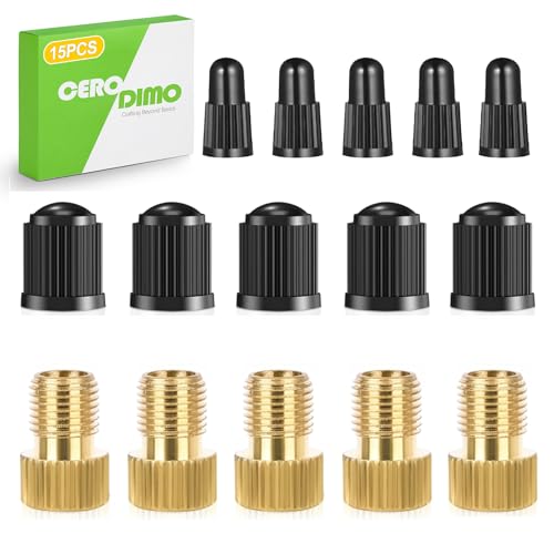 Image of Brass Presta Valve Adapter (Pack of 5 + 10 Caps) - Converts Presta to Schrader for Bicycle, e-Bike, e-Scooter Tires - Use with Standard Pump or Compressor - Bike Valve Adapter Kit