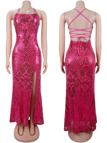 Image of Women's Sequin Prom Dress Evening Gowns for Formal Events | Elegant Sparkly Rhinestone Long Maxi Dresses for Formal Party,Gala,Wedding Guest,Fully Lined,Stretchy,Side Slit