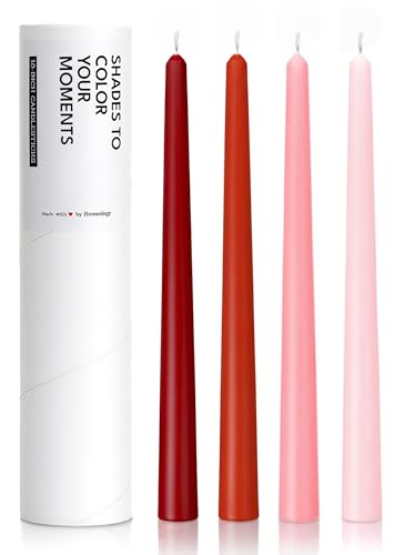Homeology 10 Classic Taper Candles Red & Pink Shades 4-Pack 7-8 Hours Long Burning Unscented Tall Candlesticks