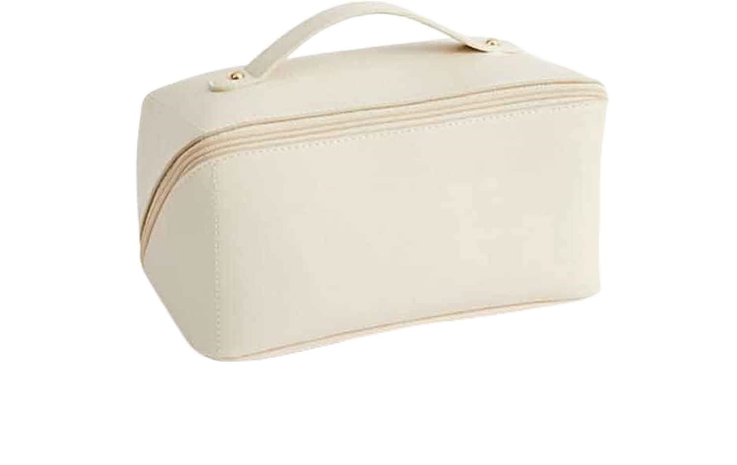 GenericWhite Travel Cosmetic Bag with a Large Capacity, Multifunction Organizer Storage, Makeup Bag with Handle and Dividers, Skincare Dispenser, and Toiletry Bag for Women. Dimensions: 9.25x4.13x4.33 inches
