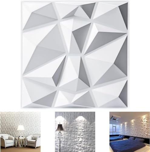 XaFaXa Decorative 3D Wall Panels in Diamond Design PVC 3D Wall Decor Panels PVC 3D Wall Panel Diamond 3D Textured Wall Panels for Interior Wall Decor (10 Pack White 30 * 30cm)