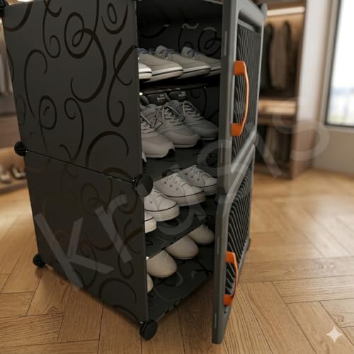 Image of 4𝐒𝐡𝐞𝐥𝐟 Shoe Rack with Door Plastic Shoe Rack for Home Storage PP Plastic Organizer with Metal Door Frame, Chappal Slipper Sandals Stand Home with for Entryway, Bedroom Living Room(Gray)