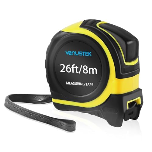 VENUSTEK Maßband Massband 8 m (26 Fuß) Profi Bandmaß mit Gürtelclip Feststeller gelb lackiert mit Zoll- und mm Skala für Haushalt Heimrenovierungen und Baustelle