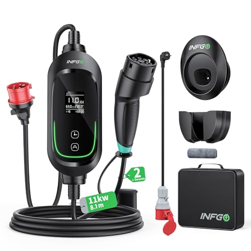 INFGO Mobile Wallbox 11kW [3-phasig, 8,1m, 6-16A], EV Charger mit Einstellbarer Ladeleistung & Timer-Funktion, Typ 2 Ladekabel CEE Stecker für Model Y/3, ID.3, i4, EQB, e-tron usw., Schwarz