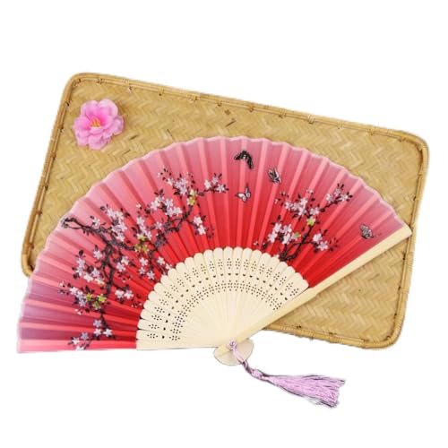 Abanicos de papel plegables de estilo chino，Abanic Abanico plegable de mano for mujer, estilo chino vintage, con ramas de ciruelo rojo, tela similar a la seda, abanicos de mano con huesos de bambú hue