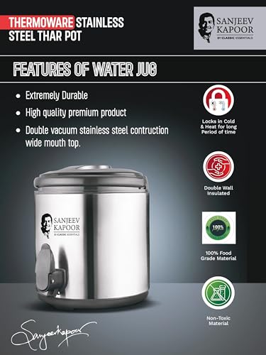 Image of Sanjeev Kapoor by Classic Essentials 4.5L Stainless Steel Vacuum Insulated Thermo Jug - Double Wall Water Dispenser for Hot & Cold Beverages, Silver (4500ml)