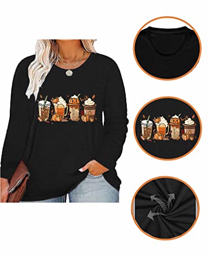 Plus Size Tops for Women T Shirts Casual Long Sleeve Pumpkin Milk Tea Coffee Graphic Print Halloween Tees4