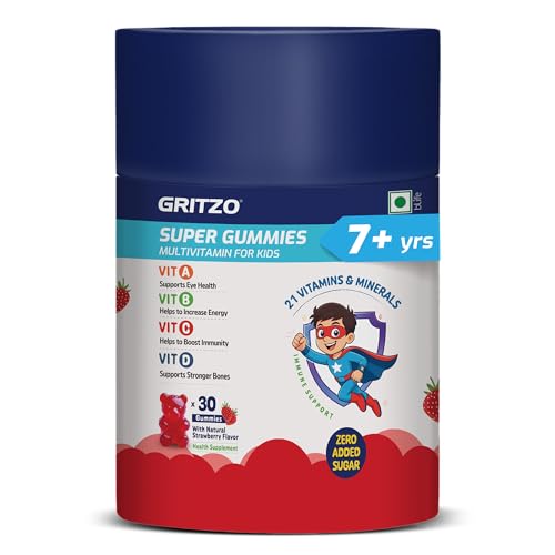 Image of Gritzo Super Gummies Multivitamin (7+y Kids) (Strawberry Flavour, 30 Gummies) | Zero Added Sugar, 21 Vitamins & Minerals