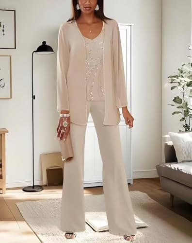 Chiffon Mother of The Bride Pant Suits for Women 3 Piece Formal Wedding Guest Outfit with Jacket2