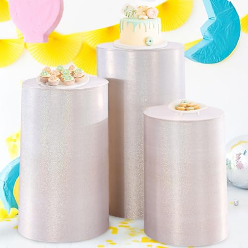 QueenDream Wedding Pedestal Stand Covers Champagne Blush 3Pcs Laser Cylinder Plinth Pedestal Cover for Party Event Decor