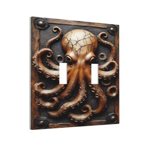 Decorative Light Switch Plate Covers Vintage Octopus Kraken 2 Gang Light Switch Cover Plate Unique Double Toggle Wall Plate Switch Plate Cover Outlet Covers for Bedroom Home Decor