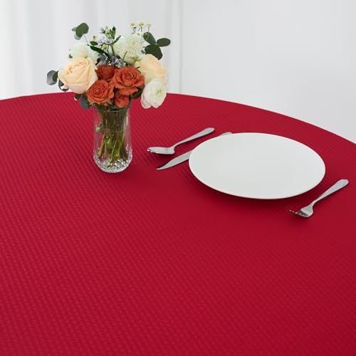 Image of maxmill Round Tablecloth Weaved Texture Design Spill-Proof Wrinkle Free Soft Christmas Table Cloth for Circular Table Cover, for Dining Room Banquet Parties Holiday Dinner, 90 Inch Red