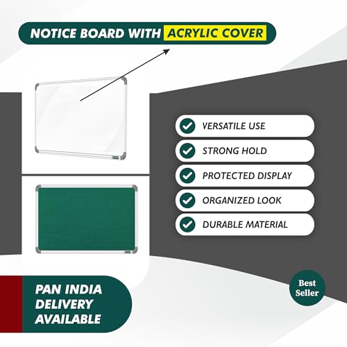 YAJNAS Notice Board 1.5x2 Feet with Acrylic Door/Cover, Bulletin Board, Noticeboard for Study Room, Office, School & College - Lockable, Pin-up Display Board, Soft Board (Green)