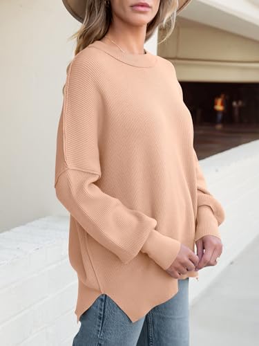 Image of ANRABESS Women Oversized Sweaters Batwing Long Sleeve 2026 Fall Outfits Crewneck Casual Knit Side Slit Fashion Pullover Top