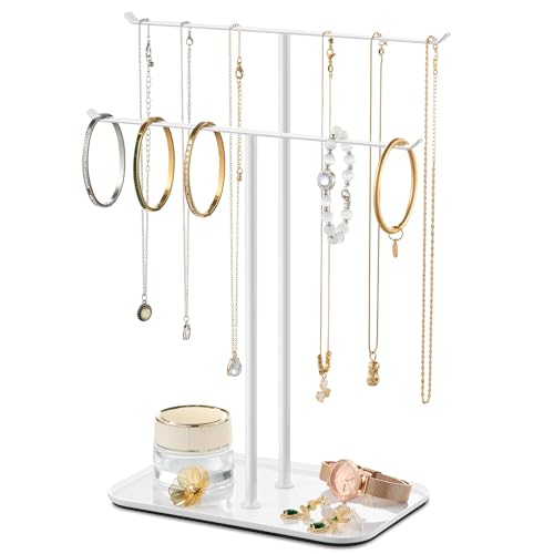 Soporte organizador de joyas para collares, 2 niveles, barra en T, árbol de exhibición de joyas con bandeja para encimera, collar, pulsera, aretes, tocador, lavabo de baño, color blanco