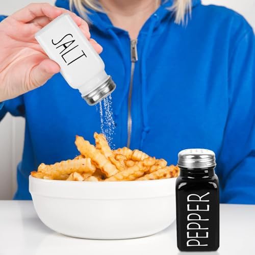 2 Pack Salt and Pepper Shakers Set, Glass Shaker with Stainless Steel Lid, Modern and Cute Farmhouse (Black and White)