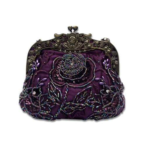 Imagen de CORIOS Vintage 1920s Cuentas Bolsa de Noche Clutch con Floral para Mujer Embrague de Lentejuelas Bolso de Boda Bolsos de Fiesta Elegante Bolso de Hombro para Fiesta de Graduación Banquete Morado