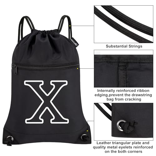 Image of HOLYLUCK Drawstring Bags Initial Backpack Sackpack Cinch Bags for Sports, Gym, Travel, Beach (Black-X)