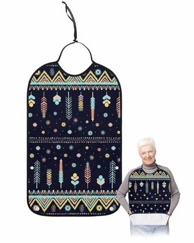 LEOKOTI Yellow Teal Pink Adult Bibs for Eating, Waterproof Bibs with Food Catcher & Adjustable Snap Closure, Geometric Abstract Art Cream Black Washable Clothing Protectors Adult Bibs for Elderly