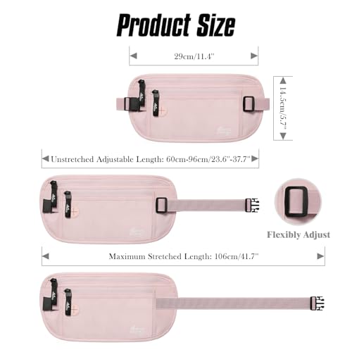 Image of MoKo Travel Money Belt with RFID Blocking, Hidden Slim Wallet, Pink | Ultra-thin, breathable design fits discreetly under clothing; adjustable elastic belt fits 24-38 in waists.