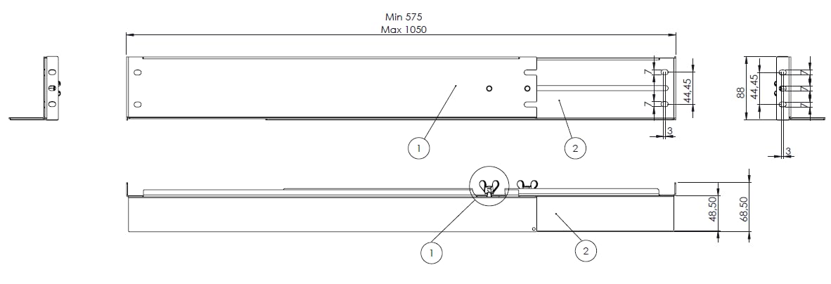SABAJ M&D Guías Universales Rack 19" 2U, Regulables 575-1050 mm, 80 kg | Acero, norma EIA-310, 4 postes; para armarios de 800-1200 mm de fondo externo; servidores, SAI, switches y audio
