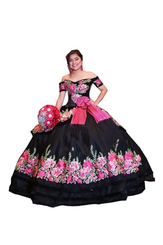 Flower Embroidery Mexican Black Quinceanera Dresses Ball Gown Off The Shoulder with Sleeves Evening Formal Dress