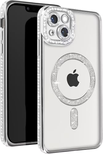 Image of DIZORO Compatible with (iPhone 15 Case) Clear Luxury Diamond Glitter Case |Camera Lens Protector with Glitter Ring | Premium Shockproof Glossy Shiny Back Cover Case for Girls Women -Silver