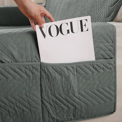 Image of HOKIPO Polyester 2 Seater Quilted Sofa Cover with Pockets, Dark Grey (In-802-Dgry)