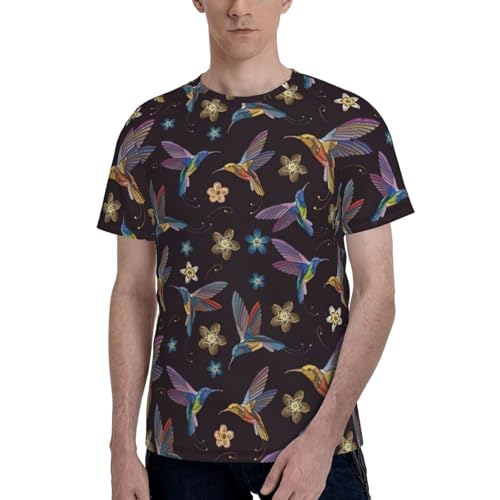 YBGHDAA Camisa de manga corta con bordado de colibríes y flores, suave, elástica, para uso diario, casual, cómoda, cuello redondo, Negro, XXL