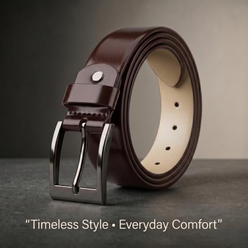 Image of Genuine Leather Belt for Men - Premium Formal & Casual Belt with Metal Buckle - Durable Adjustable Waist Belt for Jeans, Trousers & Office Wear