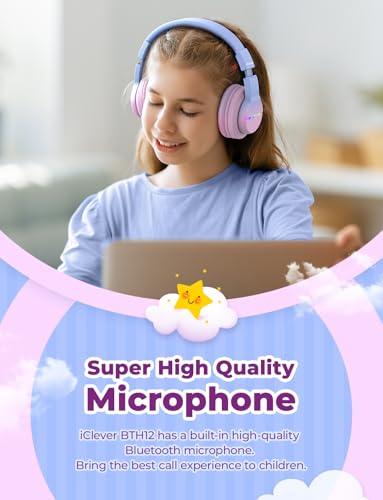 Image of iClever BTH12 Kids Headphones, Colorful LED Lights Kids Bluetooth Headphones with 74 /85 /94dB Volume Limited Over Ear, 40H Playtime, Built-in Mic for School /Tablet /PC /Airplane (Gradient Pink)