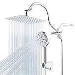 Hibbent All Metal CUPC Certified Shower Head, 10'' High Pressure Rainfall Shower Head, Handheld Showerhead Combo, 12'' Adjustable Extension Arm, 10 Sprays, 71'' Shower Hose, Showerhead Holder, Chrome