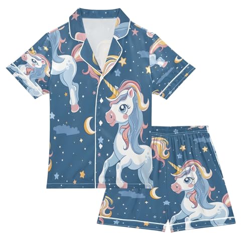 senya Pajama Sets Silky Button Down Nightwear Sleepwear Size 5-14 Years Blue Hair Unicorn
