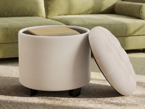 SONGMICS Round Ottoman with Storage Light Beige