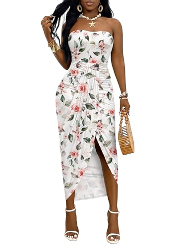 Image of Umenlele Women's Strapless Ruched High Waist Wrap Split Asymmetrical Beach Maxi Long Dress