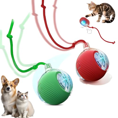 2-Pack Interactive Cat Toys Ball - 2025 New Gen with 360° Auto-Rotation Smart Obstacle Avoidance & Auto Wake-Up,Includes 2 Speedy Tail 2.0 Ropes, Ideal Kitten Toys for Bored Indoor Cats (Red & Green)