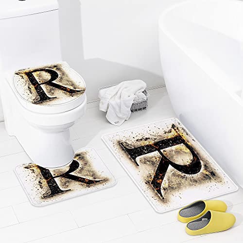 3 teiliges Badematten Set rutschfest U-FöRmige Duschvorleger,Buchstabe R, Großbuchstabe R im Barock-Display, alte Mode…