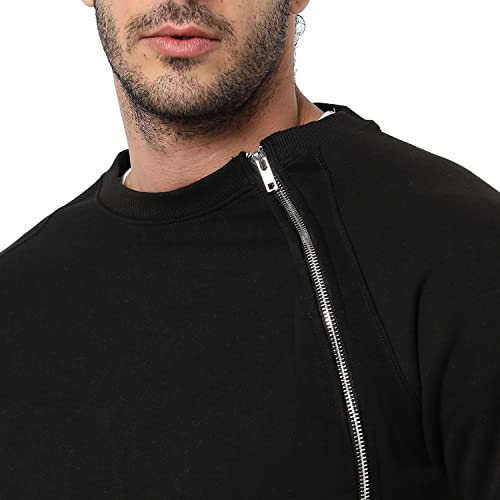 Image of Campus Sutra Men Crew Neck Sweatshirt with Zip Accent Black